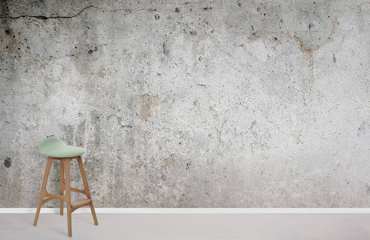 Tabouret de bar en bois rembourré vert clair avec papier peint mural effet béton