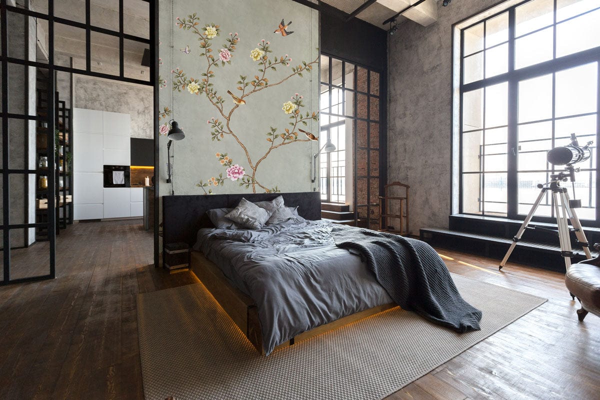 Photo d’une chambre moderne avec murale jardin vibrant et papier peint mural floral
