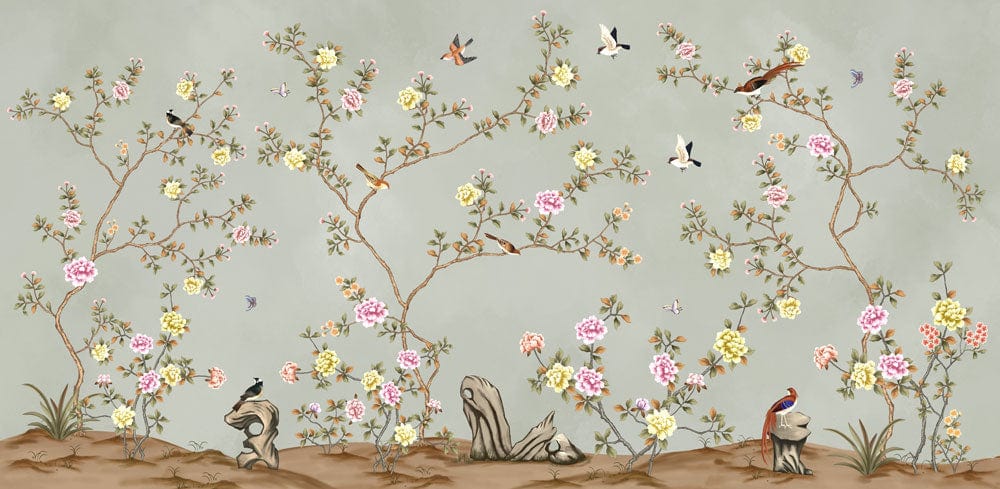 Peint mural jardin vibrant avec arbres fleuris et oiseaux pour murale jardin vibrante