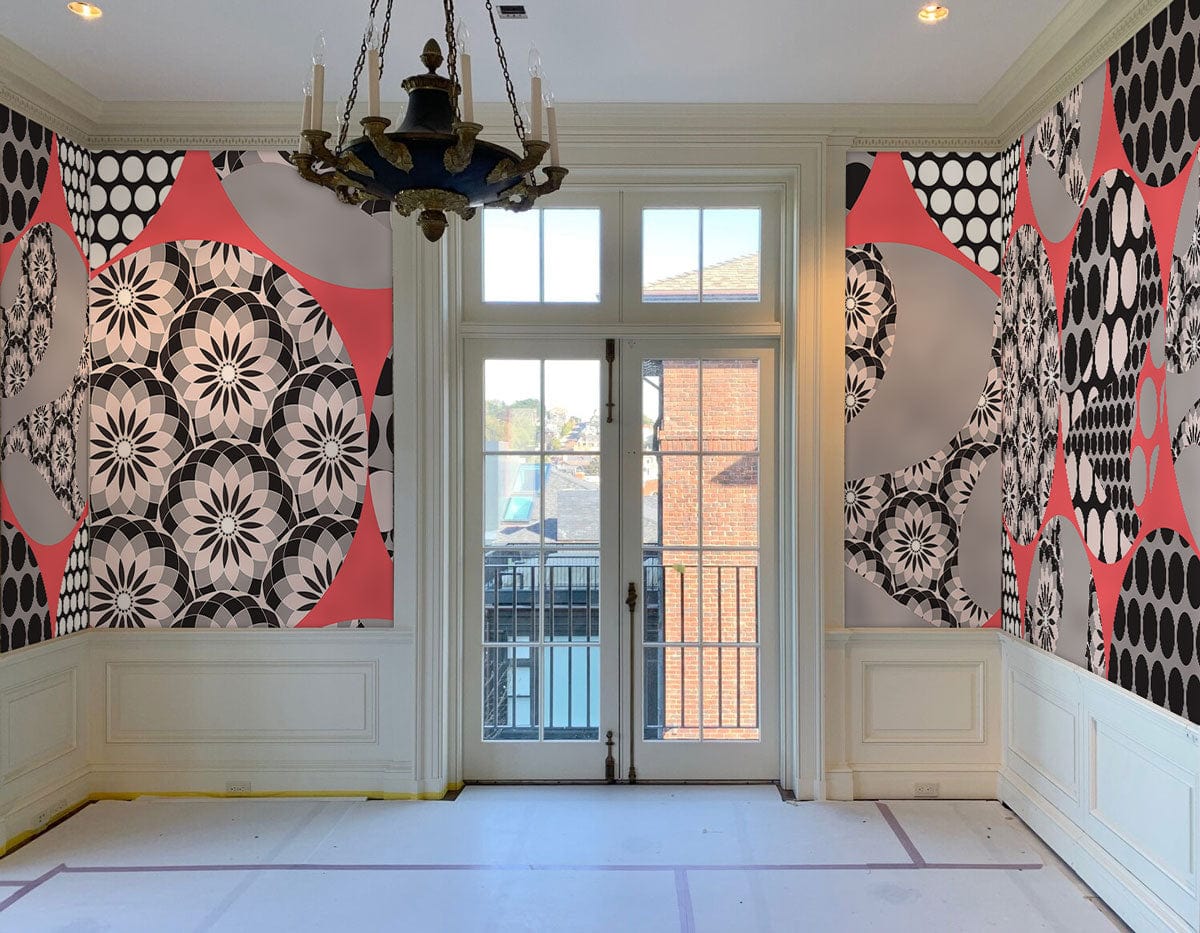 Papier peint mural kaléidoscope noir et rose avec motif floral et chandelier élégant