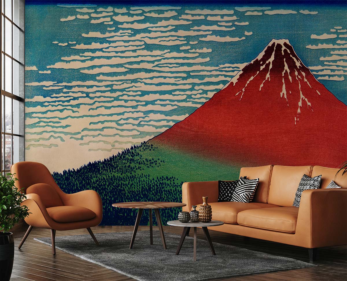 Peint mural Katsushika Hokusai dans un salon moderne avec deux canapés en cuir marron
