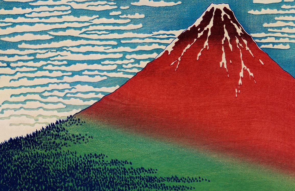 Peint mural Katsushika Hokusai montrant une montagne rouge, forêt verte, ciel bleu