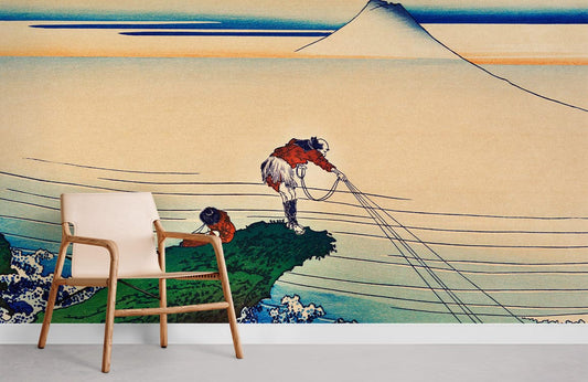 Chaise en bois avec siège tissé léger, idéale pour papier peint mural Koshu Kajikazawa