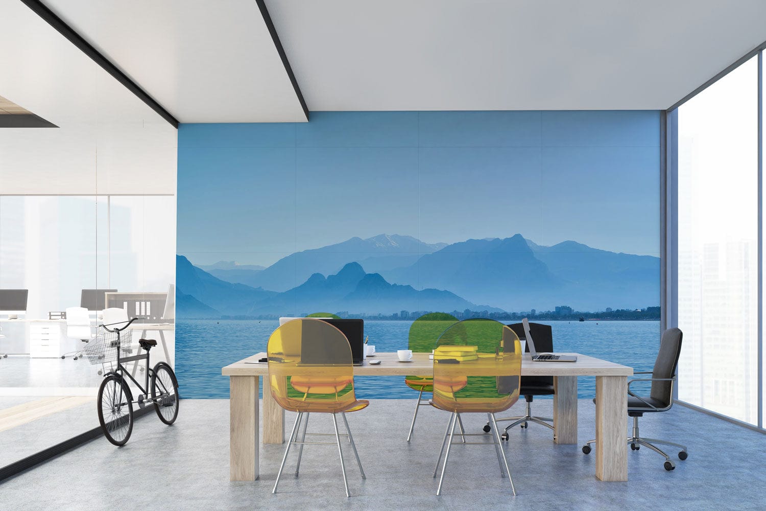 Peint mural lac avec montagnes pour salle de réunion moderne, papier peint mural lac bleu