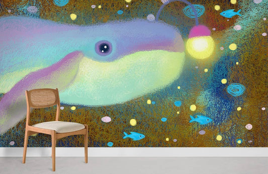 Mural lampe baleine avec peinture murale colorée d’angelfish et vie marine pour décoration