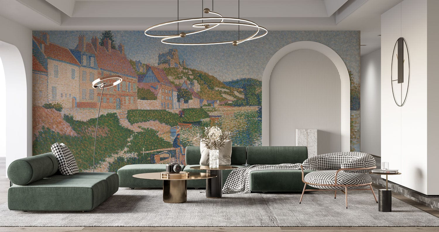 Papier peint mural Le Bord de la Rivière dans un salon moderne avec canapé confortable