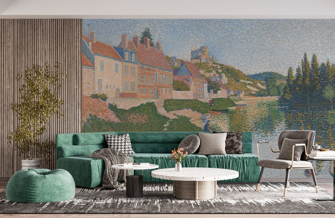 Papier peint mural Le Bord de la Rivière avec canapé en velours vert émeraude