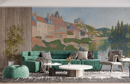 Papier peint mural Le Bord de la Rivière avec canapé en velours vert émeraude