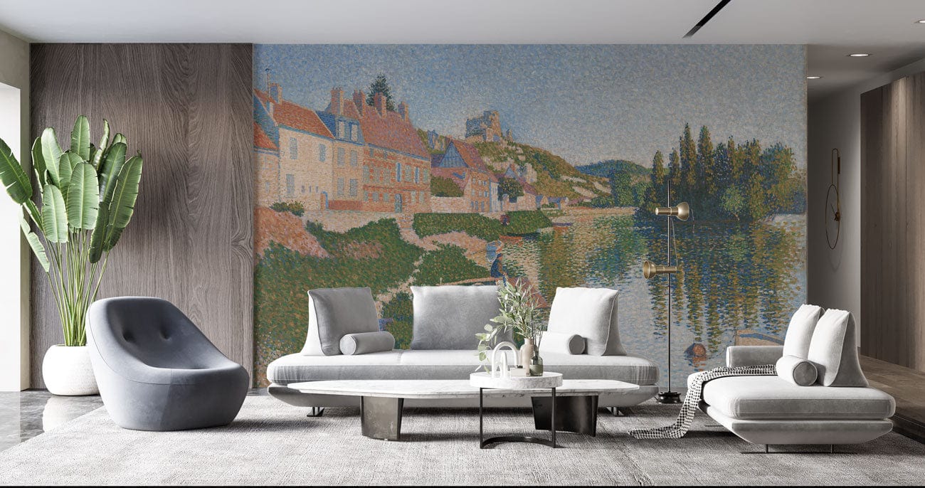 Papier peint mural moderne avec paysage pointilliste coloré dans un salon contemporain