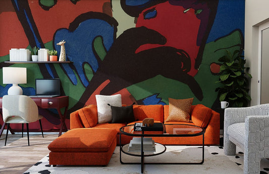 Papier peint mural avec canapé d’angle orange vibrant et ottoman assorti Le Cavalier Bleu
