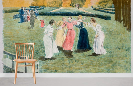 Chaise de salle à manger en bois clair avec dossier à lattes, idéale pour papier peint mural Le Colin-Maillard