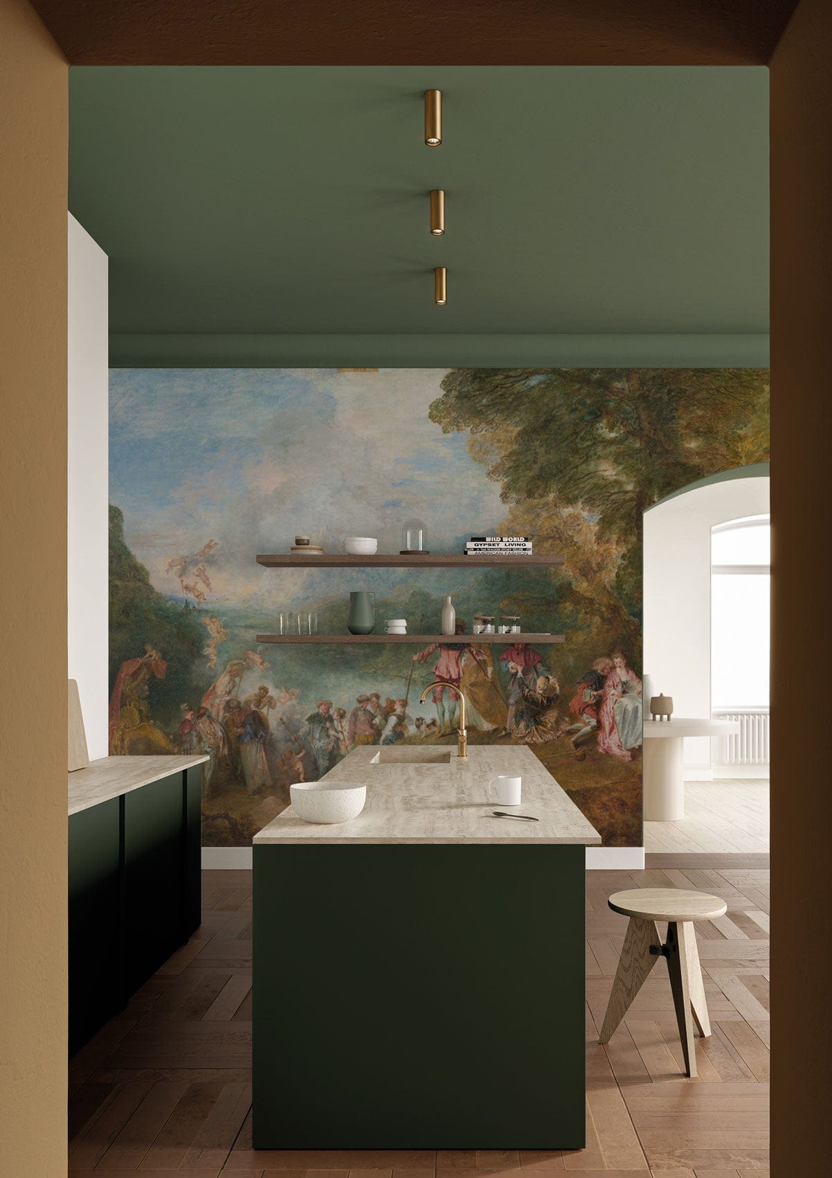 Papier peint mural L’Embarquement pour Cythère dans une cuisine avec meubles verts foncé