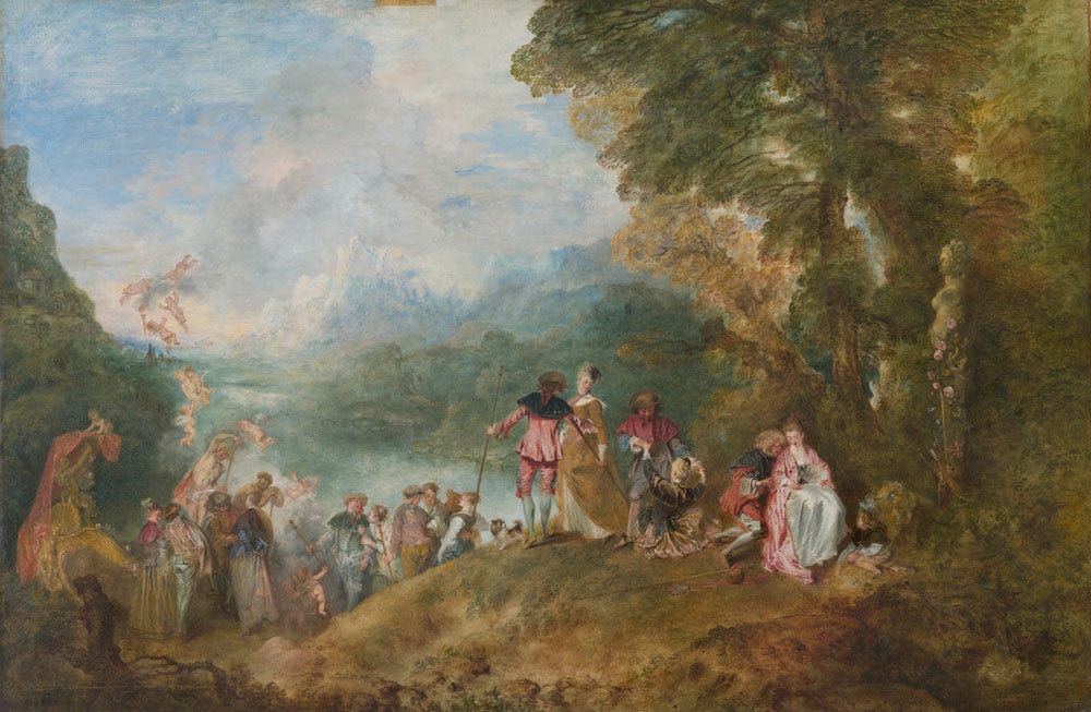 Peinture romantique avec figures élégantes sur papier peint mural L’Embarquement pour Cythère