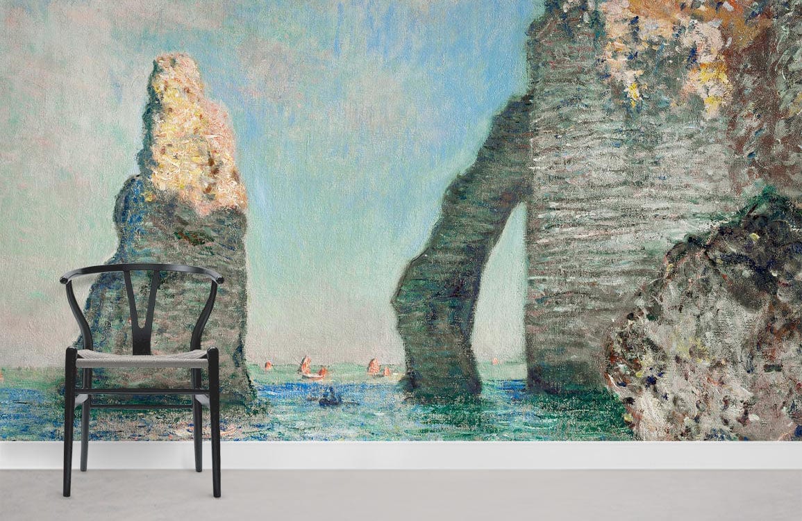 Chaise Wishbone en bois noir avec siège tissé sur papier peint mural Les Falaises