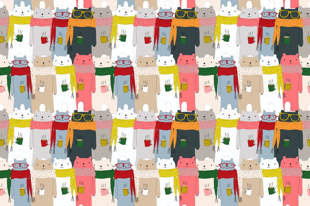 Papier peint mural avec motif de ours cartoon portant des écharpes et mugs