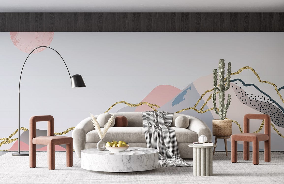 Papier peint mural Lever de soleil féerique dans un salon moderne avec cactus et mobilier chic