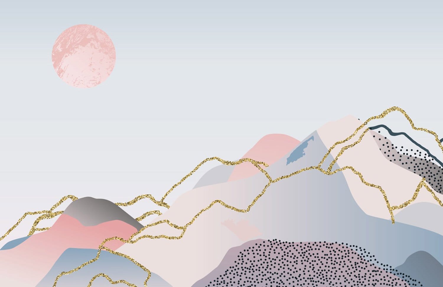 Papier peint mural minimaliste pastel montagne avec accents de glitter doré, Lever de soleil féerique