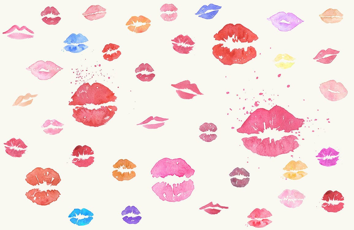 Papier peint mural Lèvres colorées avec des impressions de lèvres en aquarelle