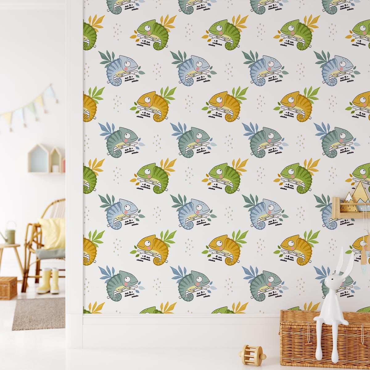Papier peint mural Lézard Coloré avec motif de lézards colorés et feuilles