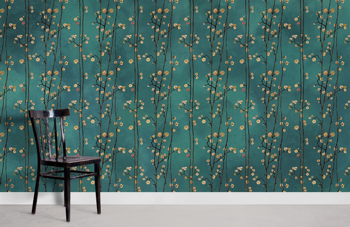 Chaise en bois foncé avec dossier à lattes, idéale pour la peinture murale Lianes Florissantes II