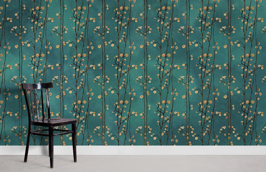 Chaise en bois foncé avec dossier à lattes, idéale pour la peinture murale Lianes Florissantes II