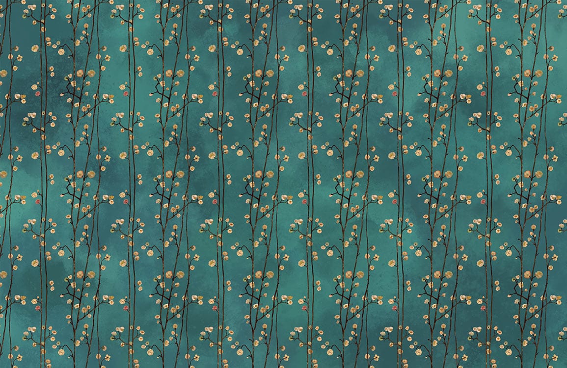 Peinture murale papier peint mural Lianes florissantes avec fleurs blanches et jaunes sur fond teal