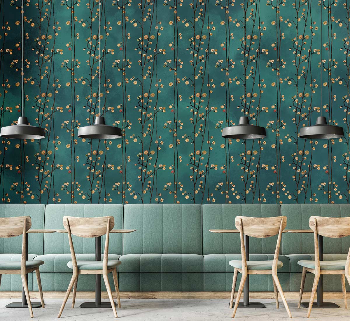 Peinture murale Teal avec motifs de branches et fleurs légères, Papier peint mural Lianes florissantes II