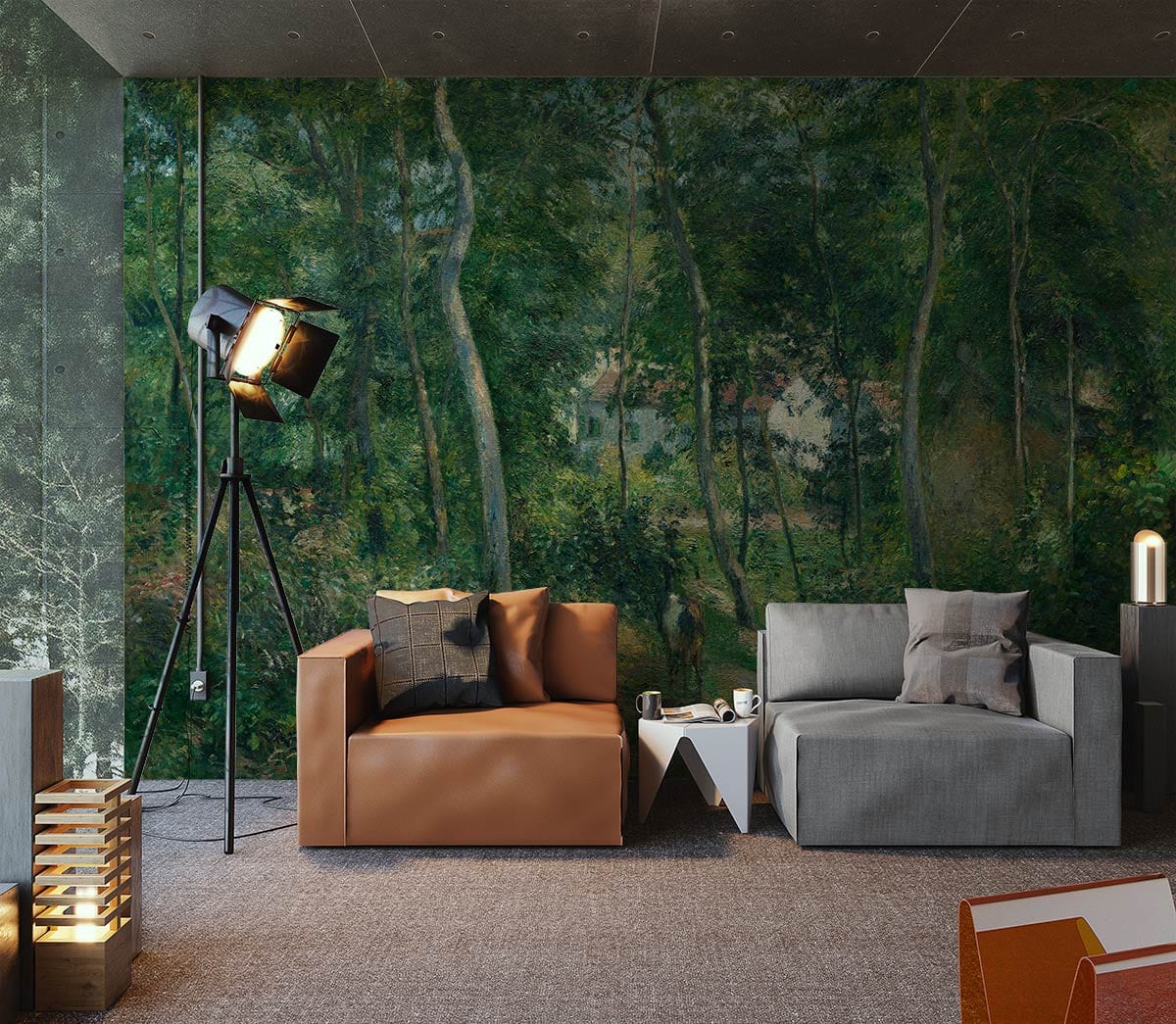 Image d’un salon moderne avec un fauteuil en cuir marron et un canapé gris, mural lisière de la forêt
