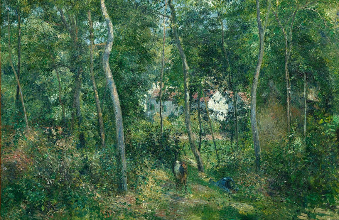 Peinture murale lisière de forêt avec chemin menant à une maison, idéal pour papier peint mural