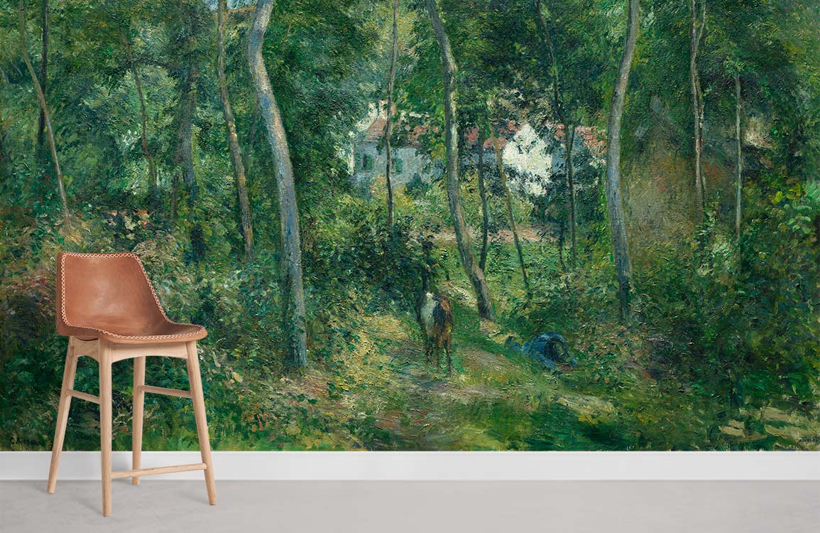 Papier peint mural Lisière de la forêt avec un tabouret en bois et cuir marron