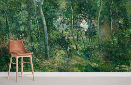 Papier peint mural Lisière de la forêt avec un tabouret en bois et cuir marron