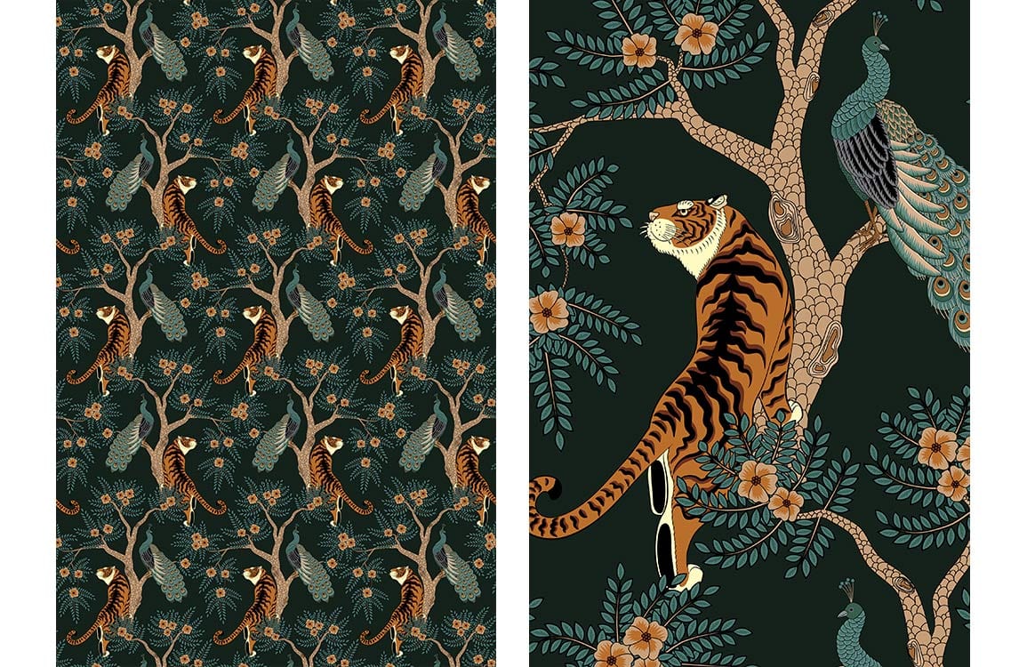 Papier peint mural loisirs avec tigres, paons, arbres et fleurs sur fond vert foncé