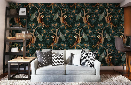 Papier peint mural Loisirs des Animaux avec tigres et paons dans un salon moderne