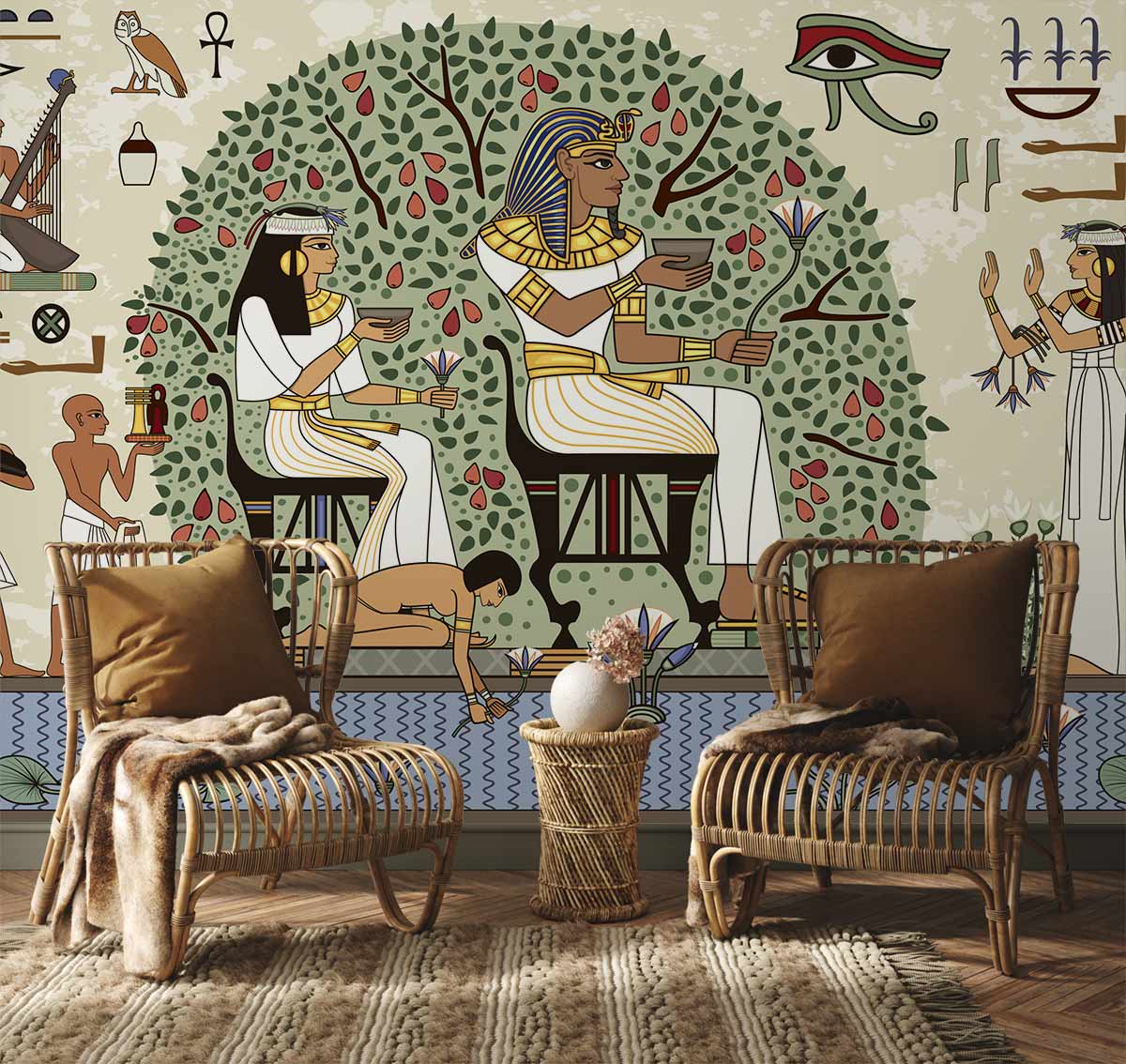 Peint mural Loyauté Égyptienne avec deux fauteuils en rotin, décoration murale égyptienne