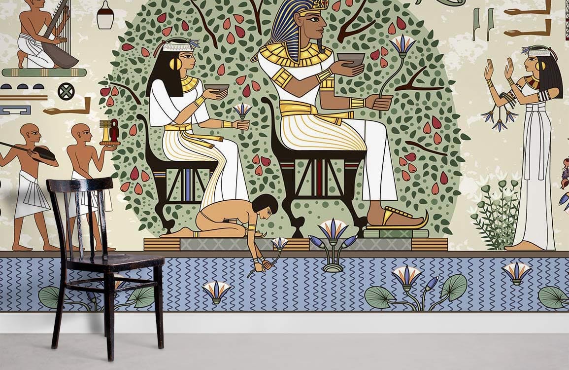 Chaise de salle à manger noire en bois avec mural Loyauté Égyptienne pour décoration intérieure