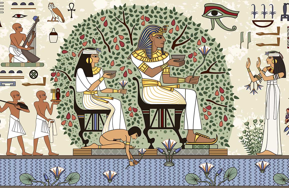 Peint mural loyauté Égyptienne avec scène de vie quotidienne et rituels religieux