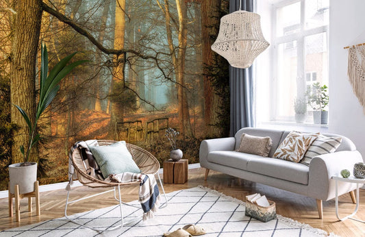 Papier peint mural lumière à travers la forêt dans un salon cozy avec murale nature