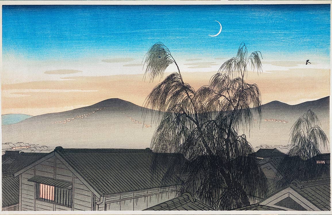 Peinture murale lune avec scène de crépuscule, willow trees et maisons, œuvre d’art mural
