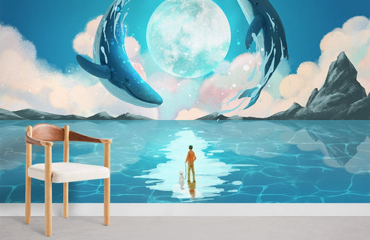 Chaise de salle à manger en bois clair et tissu blanc, idéale avec le papier peint mural Lune