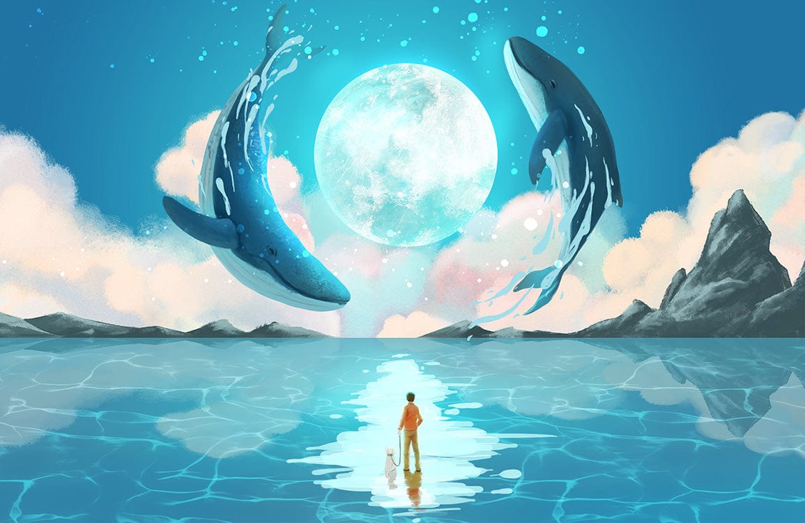 Peint mural lune avec baleines sautant sous la pleine lune, observé par une personne et un chien