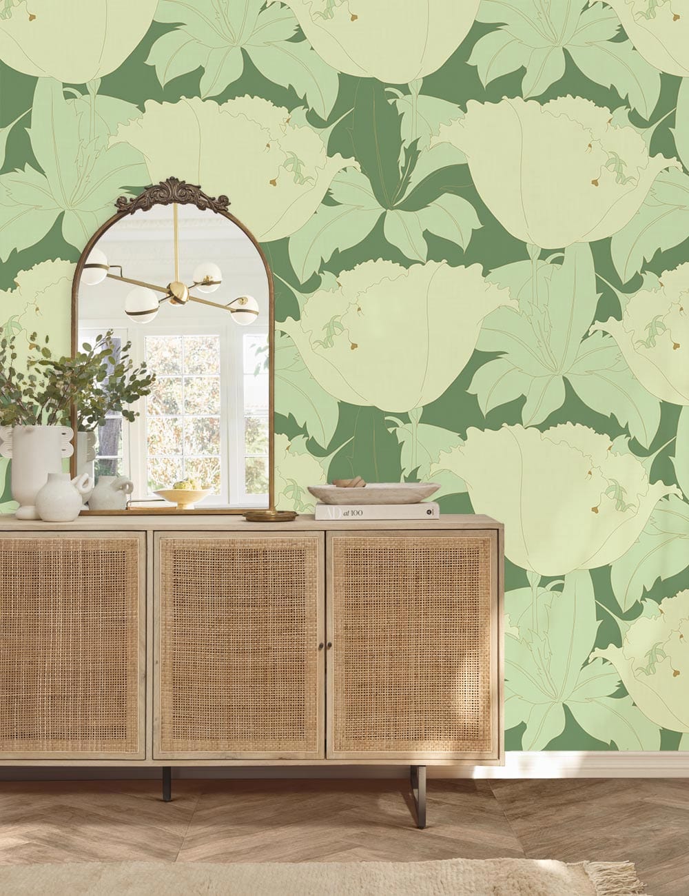 Rattan three-door sideboard with mirrored top and gold frame, idéal pour papier peint mural lys