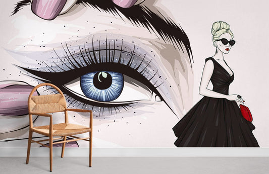 Papier peint mural maquillage délicat avec grand œil stylisé et femme en robe noire