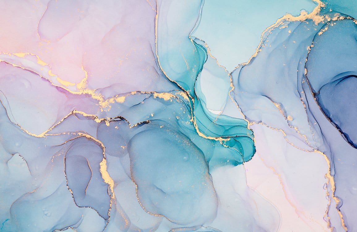 Peinture abstraite en ink d’alcool pastel bleu, rose et or pour papier peint mural marbré