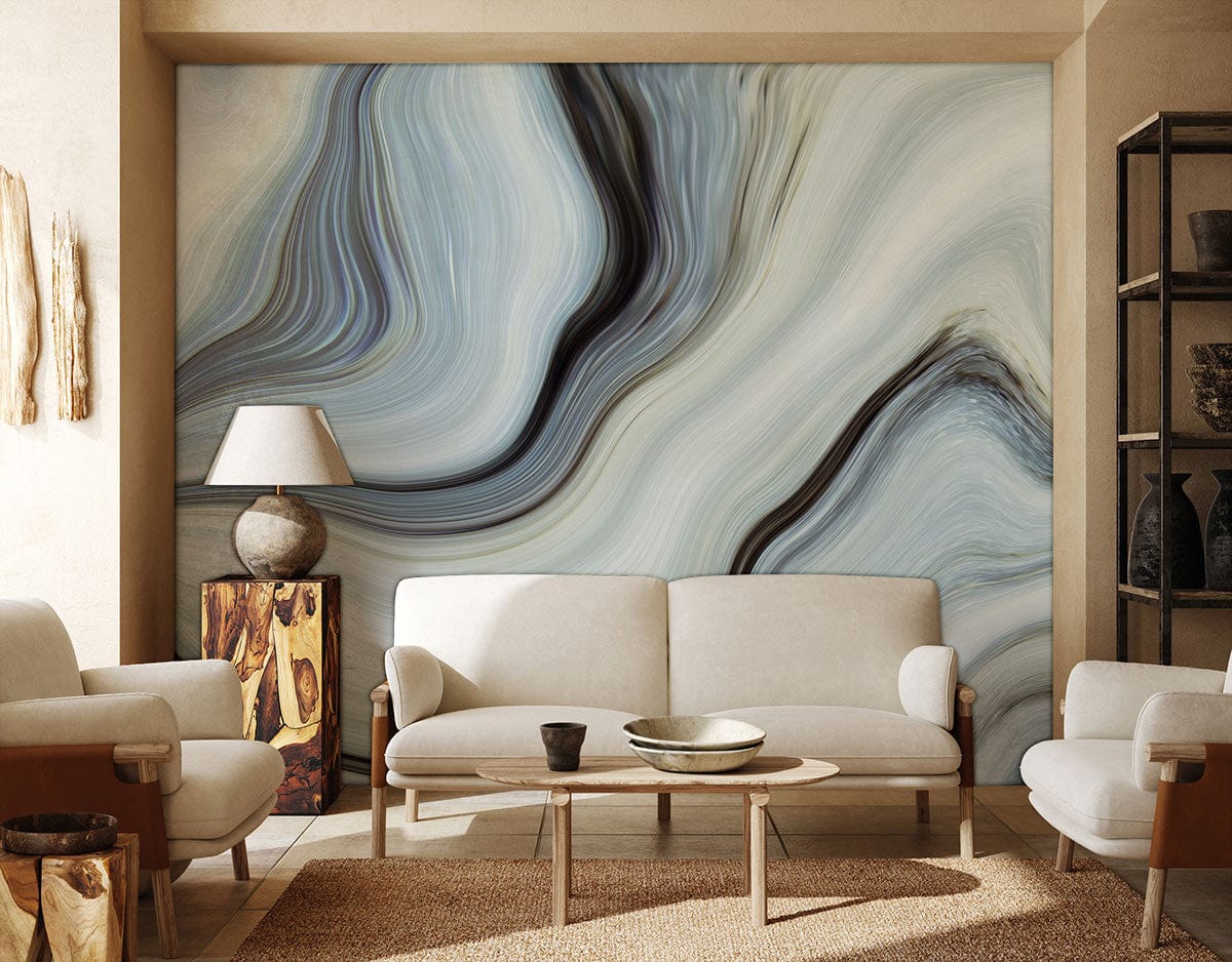 Papier peint mural Marbre Bleu Fluide avec mur abstrait swirl en salon moderne