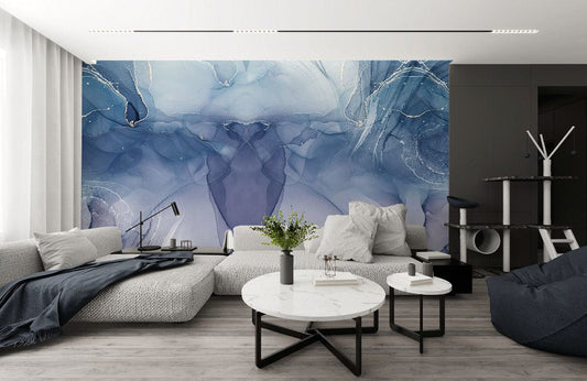 Peinture murale marbre bleu frais dans un salon moderne avec papier peint mural élégant