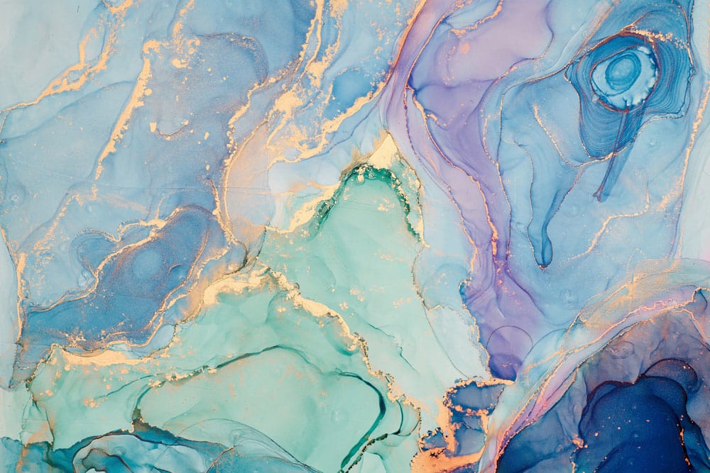 Papier peint mural avec motif marbre ombré coloré, fluid art bleu, vert, violet, or