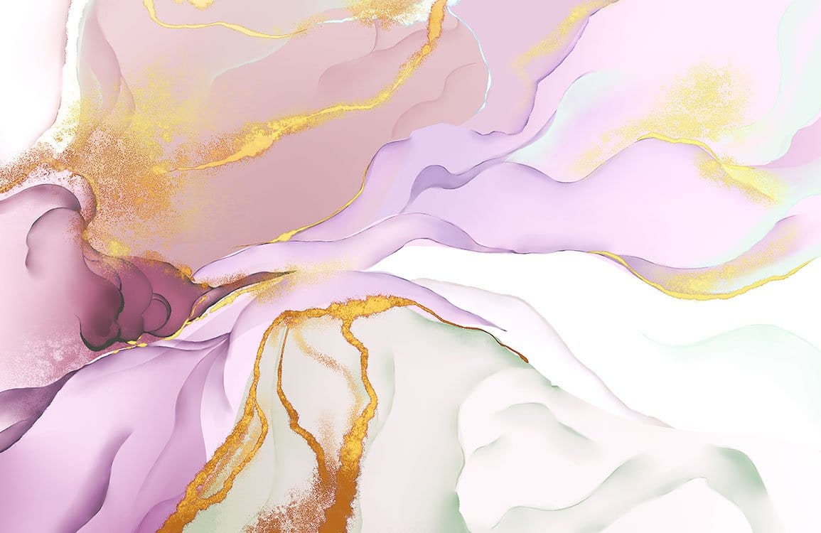 Art abstrait en ink d’alcool avec nuances de rose, or et blanc pour peinture murale marbre violet