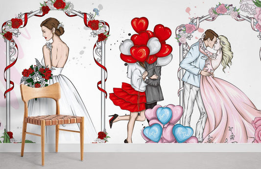 Papier peint mural féerique mariage avec illustrations de couples pour décoration romantique