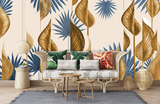 Photo d’un canapé en rotin clair avec coussins, idéal pour un papier peint mural métallique beige à motifs de feuilles