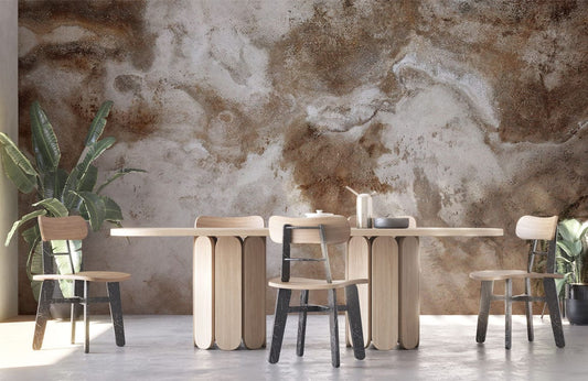 Table de salle à manger en bois avec mural micro gravier pour décoration intérieure